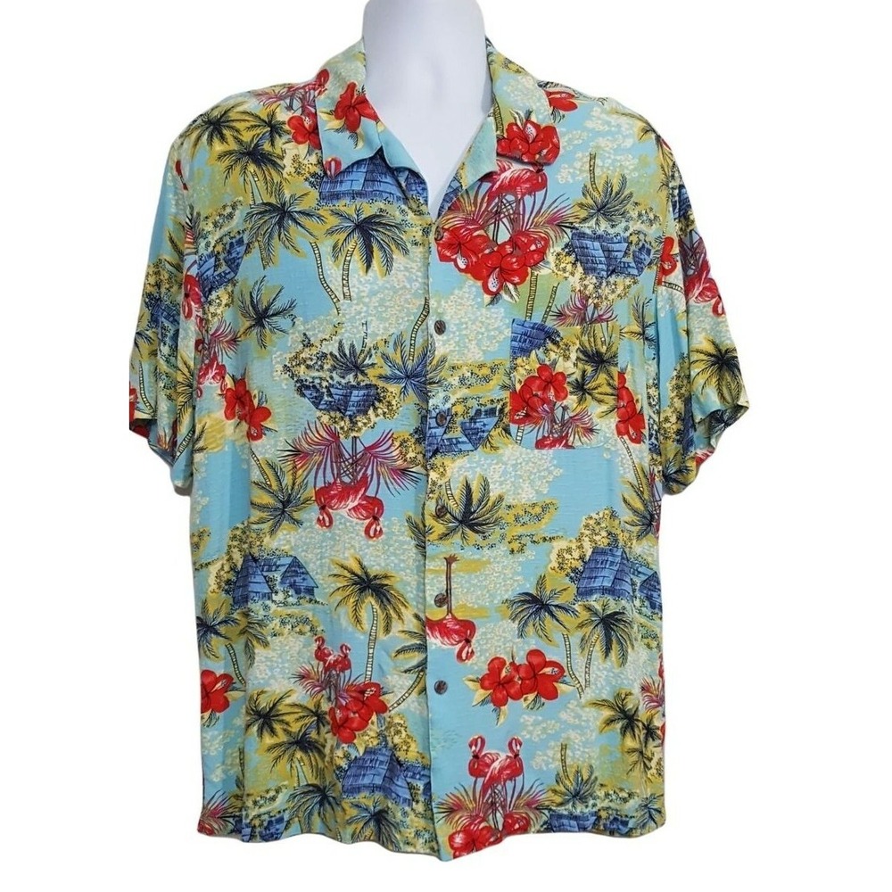 Mens Short Sleeve Shirt XL Hawaiian Tropical Hibiscus Flamingos Button Up